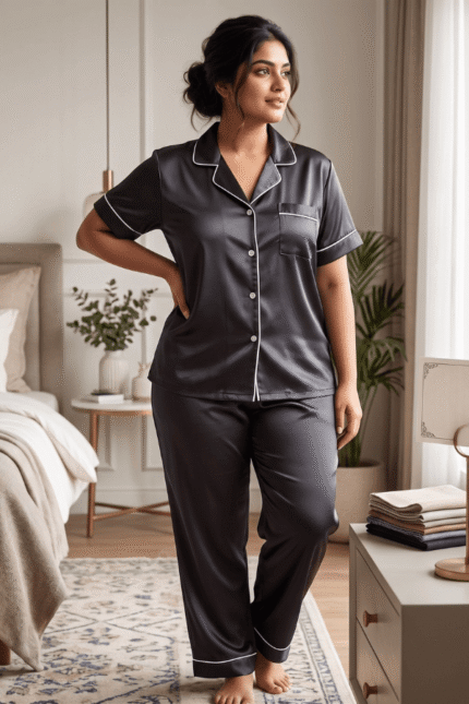 Woman wearing black satin co-ord night suit set with white piping from Madhu Collection