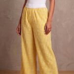 Women's Mustard Yellow and White Gingham Check Wide Leg Cotton Blend Pajama