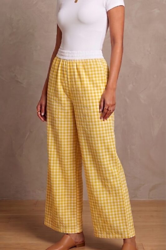 Women's Mustard Yellow and White Gingham Check Wide Leg Cotton Blend Pajama