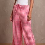 Women's Hot Pink and White Gingham Check Wide Leg Lounge Pajama Free Size XXL
