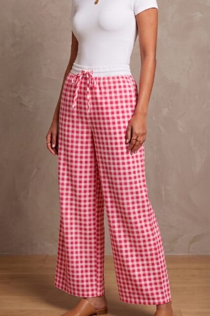 Women's Hot Pink and White Gingham Check Wide Leg Lounge Pajama Free Size XXL