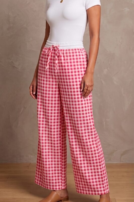 Women's Hot Pink and White Gingham Check Wide Leg Lounge Pajama Free Size XXL