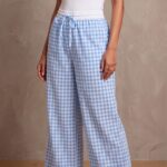 Women's Sky Blue and White Gingham Check Wide Leg Cotton Blend Pajama Free Size