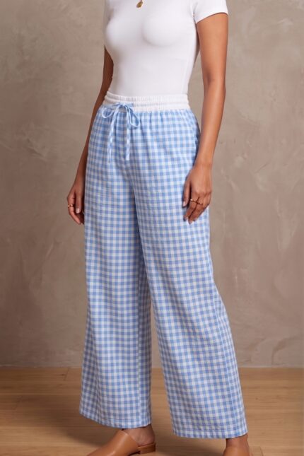 Women's Sky Blue and White Gingham Check Wide Leg Cotton Blend Pajama Free Size