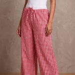 Women's Red and White Gingham Check Wide Leg Cotton Blend Pajama Free Size XXL