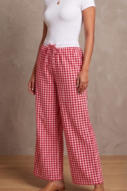 Women's Red and White Gingham Check Wide Leg Cotton Blend Pajama Free Size XXL