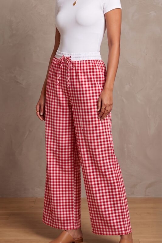 Women's Red and White Gingham Check Wide Leg Cotton Blend Pajama Free Size XXL