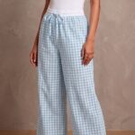 Women's Powder Blue and White Gingham Check Wide Leg Pajama Free Size upto XXL