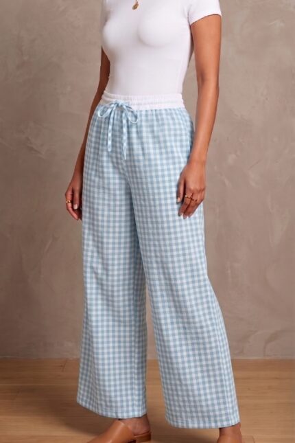 Women's Powder Blue and White Gingham Check Wide Leg Pajama Free Size upto XXL