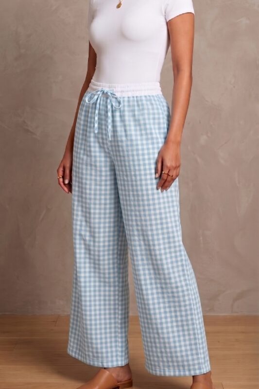 Women's Powder Blue and White Gingham Check Wide Leg Pajama Free Size upto XXL