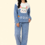 Blue and white bunny print women's winter sherpa night suit free size relax fit