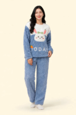 Blue and white bunny print women's winter sherpa night suit free size relax fit