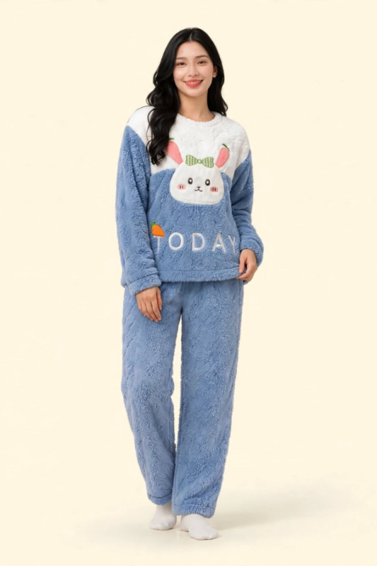 Blue and white bunny print women's winter sherpa night suit free size relax fit