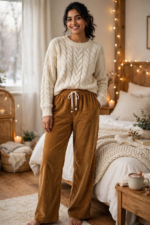 A person wearing a camel tan relaxed fit cotrise winter pajama paired with a cream cable-knit sweater in a bedroom setting.