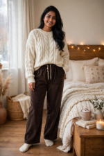 A person wearing a chocolate brown relaxed fit cotrise winter pajama paired with a cream cable-knit sweater in a bedroom setting.