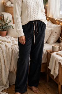 A person wearing a classic black relaxed fit cotrise winter pajama paired with a cream cable-knit sweater in a bedroom setting.
