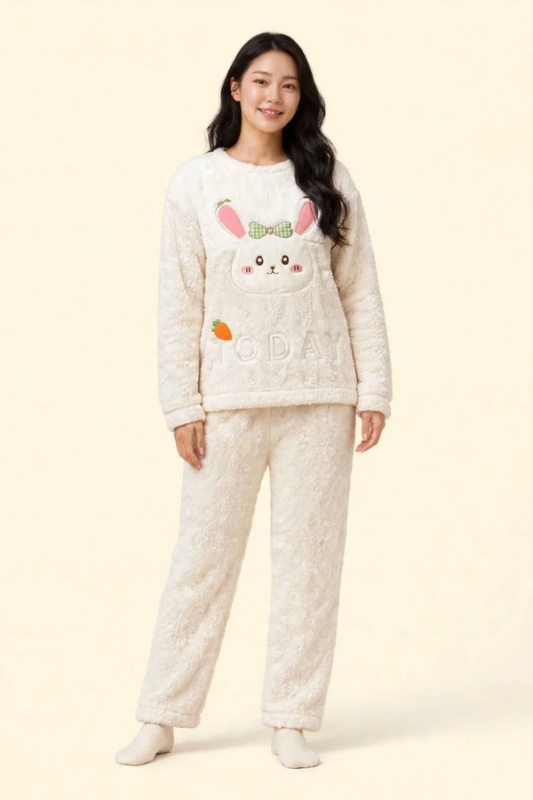 Cream and white bunny print fluffy winter night suit women free size upto XXL