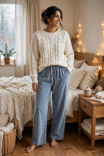A person wearing a dusty blue relaxed fit cotrise winter pajama paired with a cream cable-knit sweater in a bedroom setting.