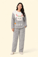 Grey and white bunny print warm sherpa winter night suit for women free size