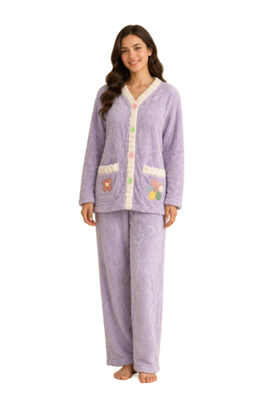 Lavender purple women's winter fleece front open night suit with flower embroidered pockets