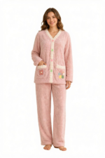 Baby pink women's winter front open fleece night suit with sherpa trim