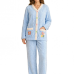 Light sky blue women's winter front open fleece night suit with sherpa trim and flower pockets free size