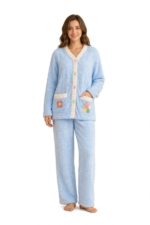 Light sky blue women's winter front open fleece night suit with sherpa trim and flower pockets free size
