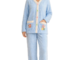 Light sky blue women's winter front open fleece night suit with sherpa trim and flower pockets free size