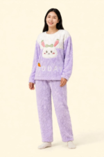 Lavender and white pastel bunny print winter fleece night suit women free size