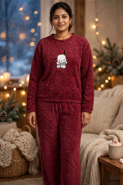 Woman wearing maroon cozy teddy fleece winter lounge set with embossed paw pattern and cute puppy print, free size upto 3XL