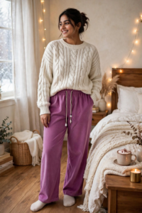 A person wearing a mauve purple relaxed fit cotrise winter pajama paired with a cream cable-knit sweater in a bedroom setting.