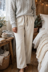 A person wearing an off-white cream relaxed fit cotrise winter pajama paired with a grey cable-knit sweater in a bedroom setting.