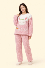 Pink and white baby pink bunny print fluffy winter night suit women free size XXL