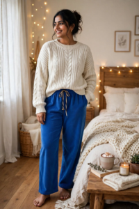 A person wearing a royal blue relaxed fit cotrise winter pajama paired with a cream cable-knit sweater in a bedroom setting.