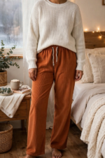 A person wearing a rust orange relaxed fit cotrise winter pajama paired with a cream cable-knit sweater in a bedroom setting.