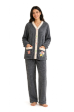 Slate grey women's winter front open fleece night suit with flower pockets