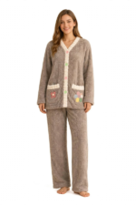 Taupe brown women's winter front open night suit fleece cozy relax fit