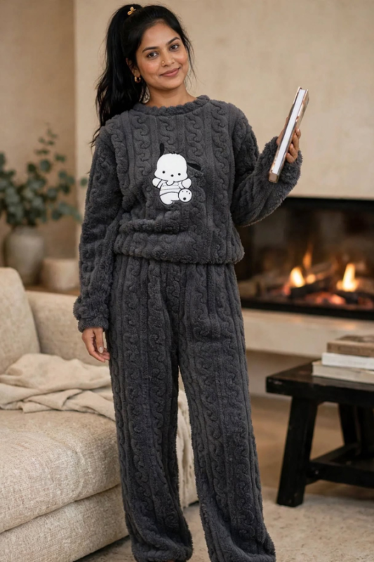 Woman wearing charcoal grey cable knit sherpa fleece winter co-ord set with cute puppy print relaxed fit free size