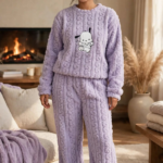Woman wearing lavender purple cable knit sherpa fleece co-ord set with cute puppy print free size relaxed fit
