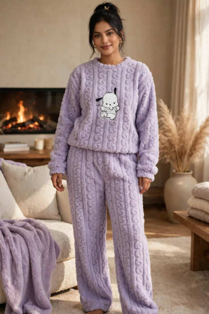 Woman wearing lavender purple cable knit sherpa fleece co-ord set with cute puppy print free size relaxed fit