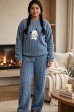 Woman wearing slate blue cable knit sherpa fleece winter co-ord set with cute puppy print relaxed fit free size