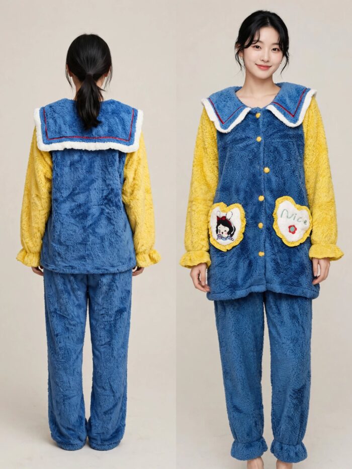 Royal blue and mustard Sailor Girl women's fleece nightwear set