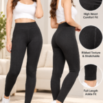 Women's black high-waist ribbed leggings shown from the front and back, with waistband, ribbed texture and ankle-fit details.