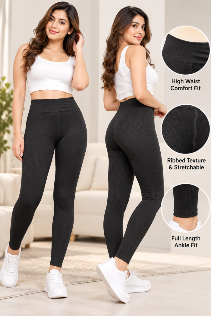 Black Ribbed Leggings Style Guide Women's black high-waist ribbed leggings shown from the front and back, with waistband, ribbed texture and ankle-fit details.