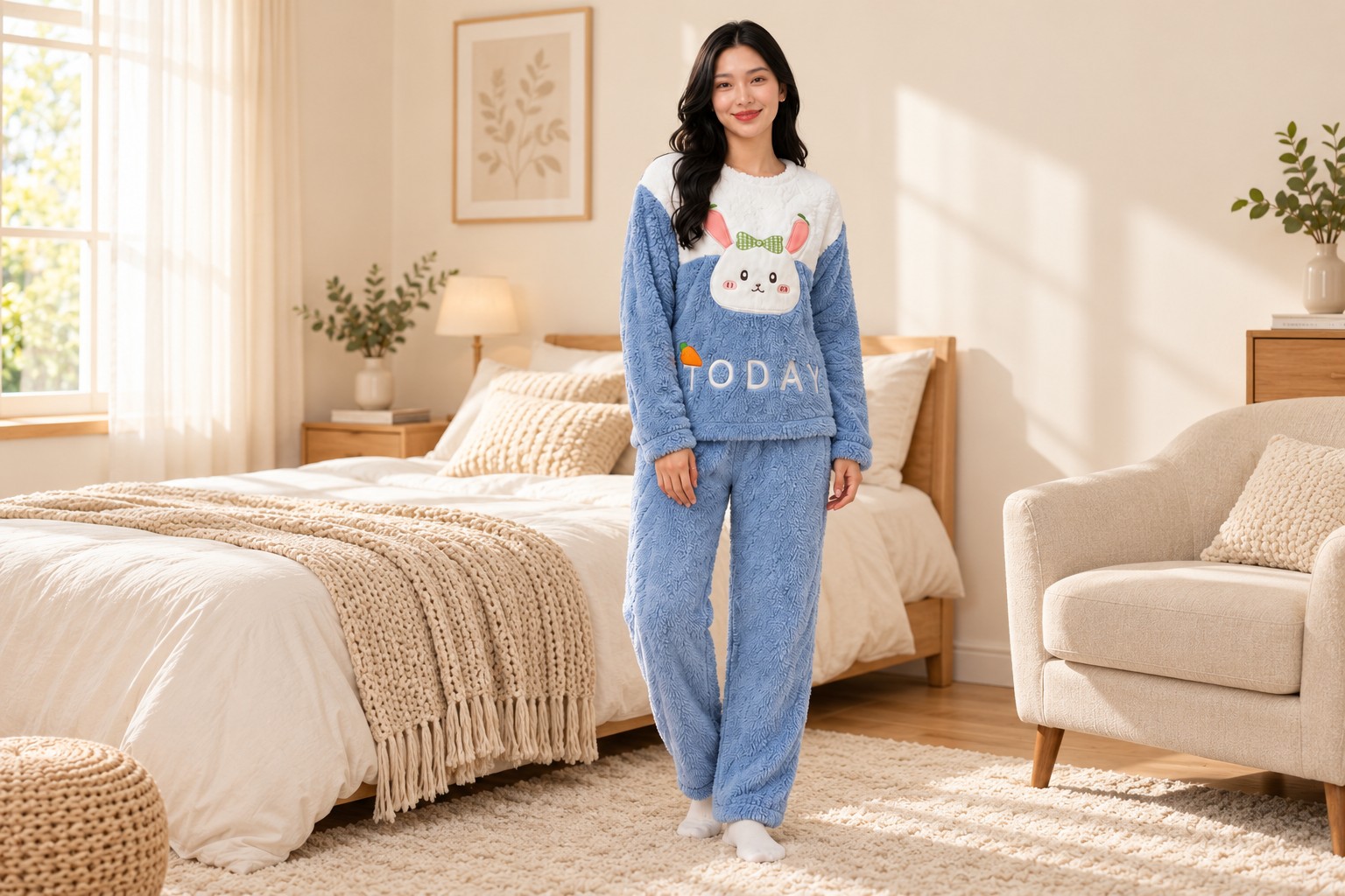 Blue and white bunny-print fleece pullover night suit with matching trousers, shown in a warm neutral bedroom.