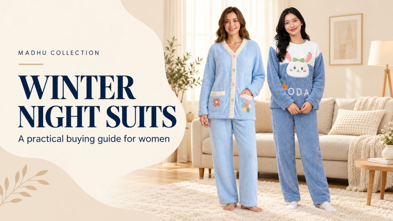Madhu Collection winter night suits buying guide showing light blue button-front fleece and blue bunny pullover styles.