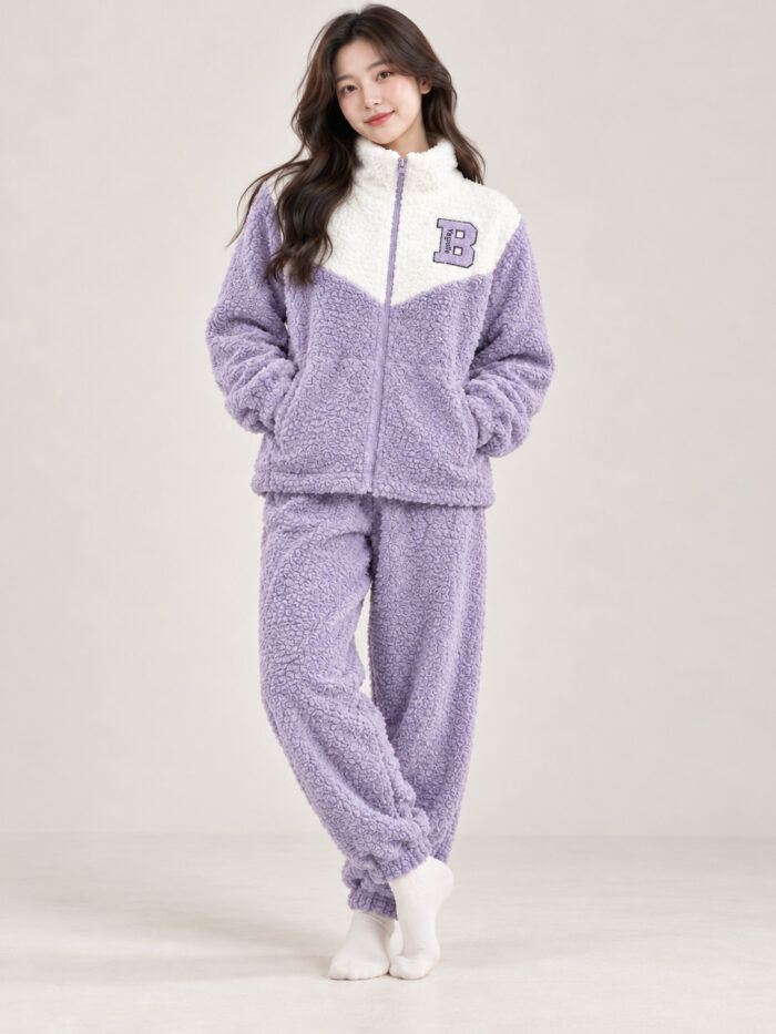 Woman wearing a lavender and cream plush winter co-ord set with a zip-front top and matching pyjamas