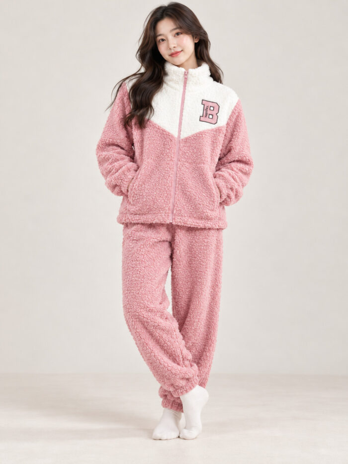 Woman wearing a pink and cream plush winter co-ord set with a zip-front top and matching pyjamas