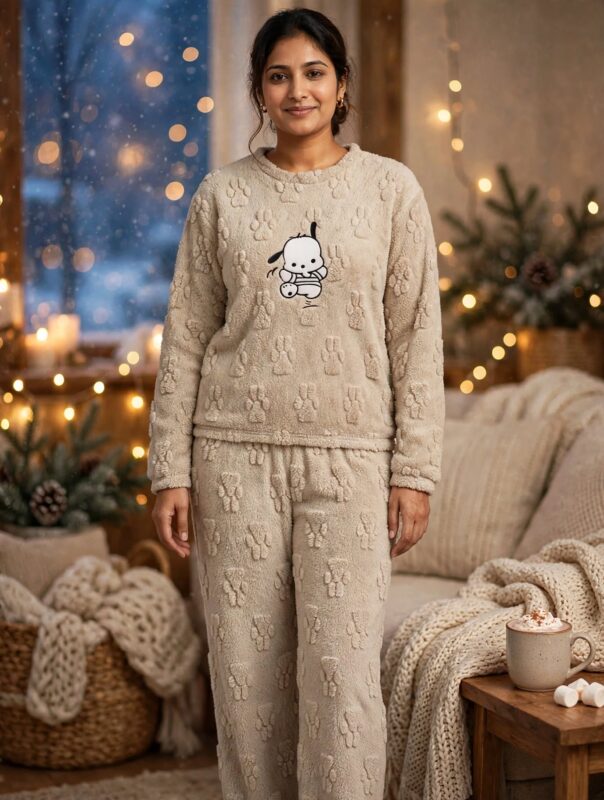 Woman wearing a beige puppy print winter lounge set with a long-sleeve top and matching paw-pattern pyjamas