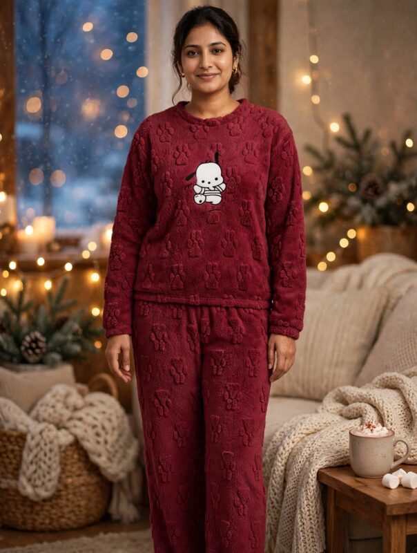 Woman wearing a maroon puppy print winter lounge set with a long-sleeve top and matching paw-pattern pyjamas
